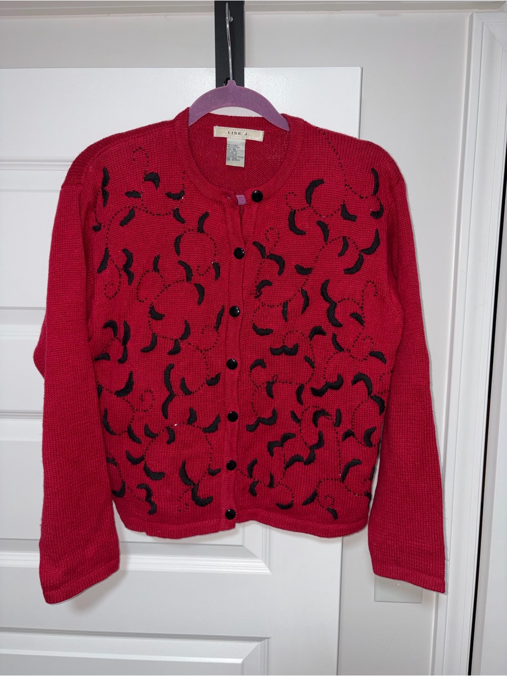 Lise J Red & Black Beaded Embroidered Cardigan Sweater Size Medium